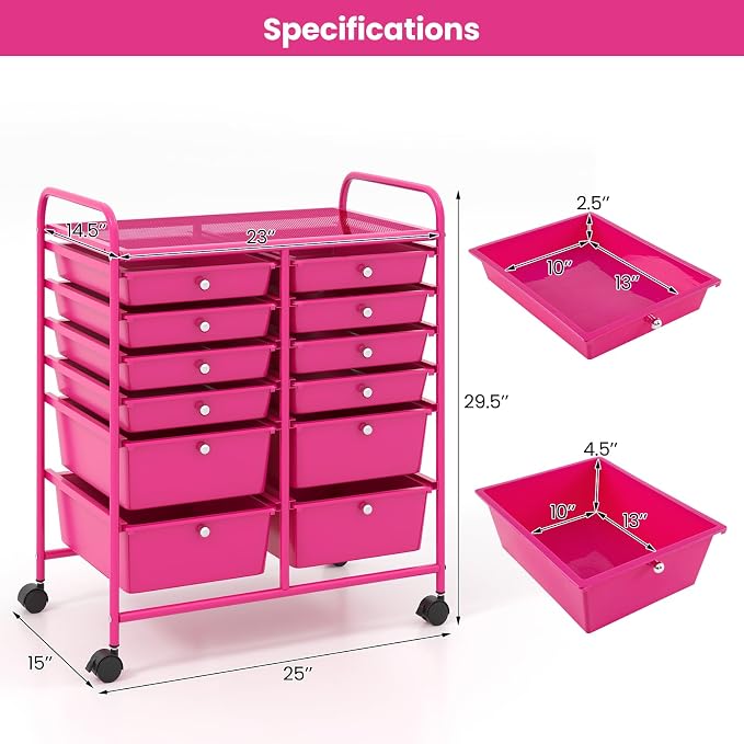 12 Drawer Rolling Storage Cart, Art Cart Organizer on Wheels, Mobile Utility Cart with Drawers, Multipurpose Craft Drawers for Home Office School Classroom (Hot Pink)