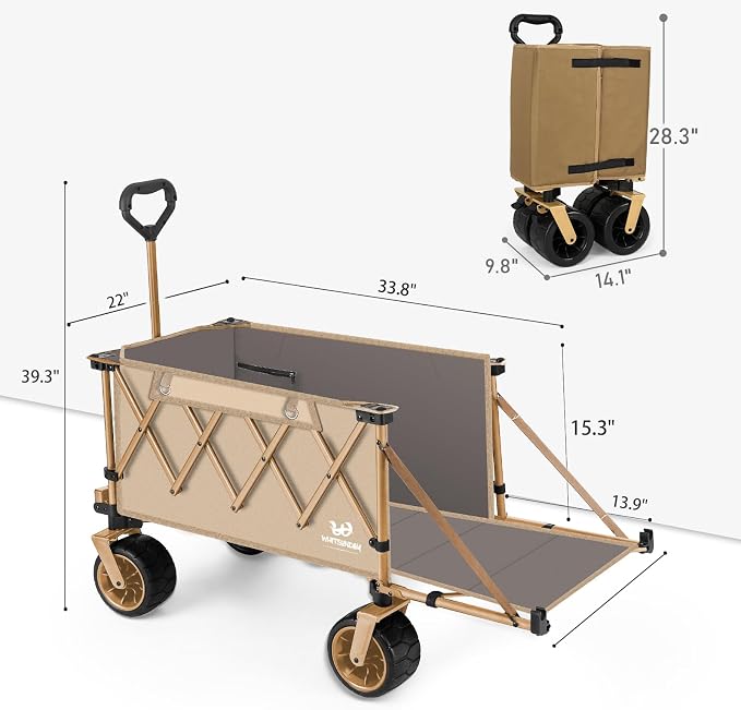 Whitsunday Collapsible Folding Wagon Heavy Duty Utility Beach Wagons with Opened Tailgate and All-Terrain Wheels for Camping,Garden,Sports Khaki