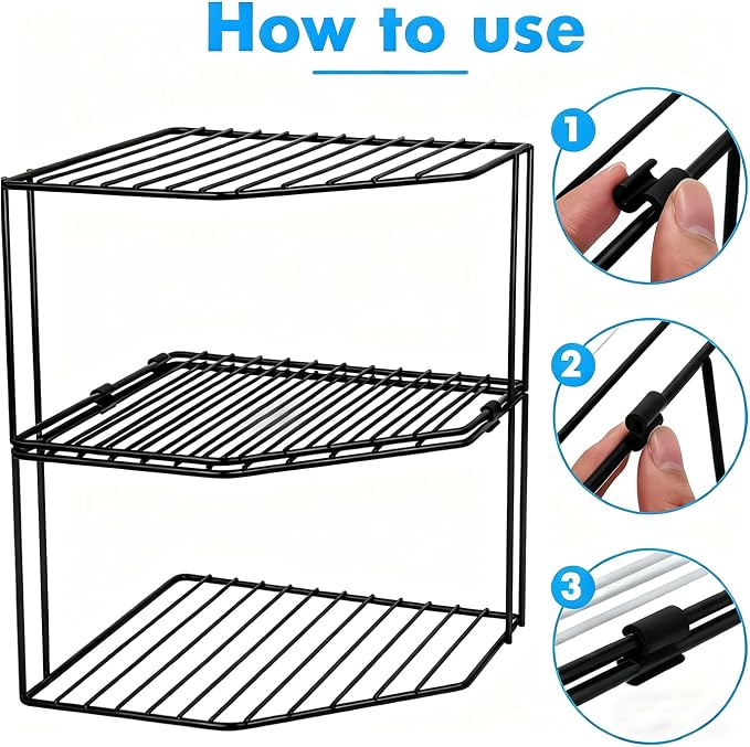 2Pcs 2-Tier Corner Stackable Organizer Shelf - Cabinet Storage Shelf Rack, Shelves，Kitchen Counter and Cabinet Shelf, Storage Rack Organizer for Kitchen (Black)