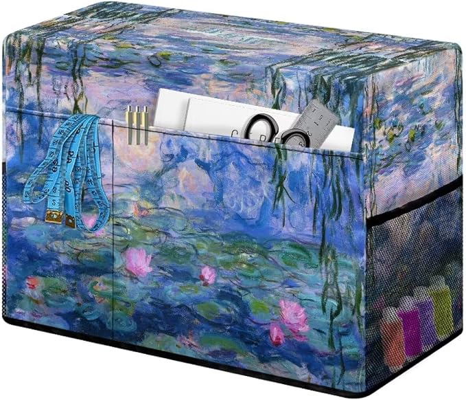 Water Lilies Print Sewing Machine Cover Oil Painting Style Duty Protective Dust Cover with Storage Pockets for Most Standard Singer & Brother Sewing Machines and Accessories(Blue)
