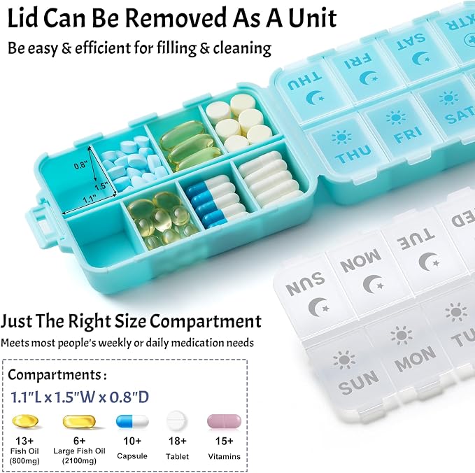 Foldable Weekly Pill Organizer 2 Times a Day with 2 Extra Compartments - Etched Labels - Portable 7 Day AM PM Medicine Box, Week Daily Travel Pill Case Holder for Vitamin, Supplement -Sky Blue