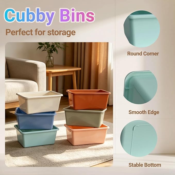 6 Pack Small Cubby Bins, Plastic Storage Containers for Classroom, Boho | Multi-Purpose Stackable Bin Organizer Storage Cubbies for Home, Playroom and Library, Shelf Bins, Book Bins