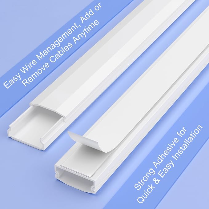 TV Cord Hider, Self Adhesive 44in Cable Raceway Kit, Holds Up to 4 Cables | White Wire Covers for Cords on Wall, Large Cord Cover for Wall Mounted TV, Paintable Cable Management System, W1.2in H0.6in