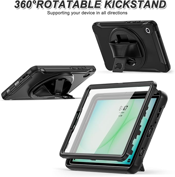for Samsung Galaxy Tab A11 (2025) 8.7 inch Case 5G with Screen Protector, Hand Strap, Pen Holder & 360° Rotating Stand,Shockproof Protective Cover for SM-X130/X133/X135 (Black)