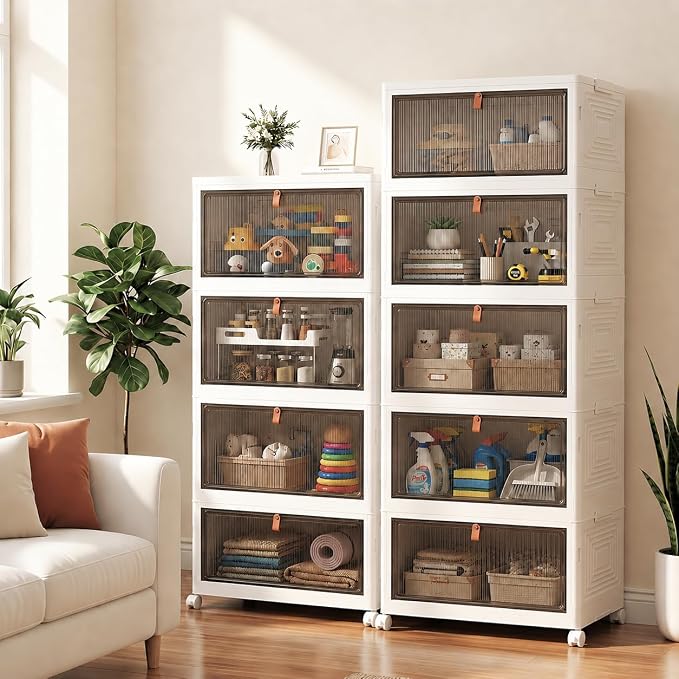 LDQ 170 Qt Large Storage Bins with Lids, 5 Tier Stackable Storage Cabinet with Wheels & Clear Doors, Foldable Plastic Closet Organizer for Bedroom, Bathroom & Kitchen