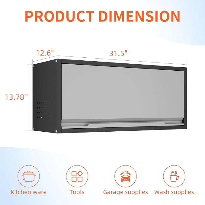 Garage Wall Cabinet, 13.8" H Metal Wall Cabinet with Up-Flip Door | Wall Mounted Metal Storage Cabinet, Upper Cabinet for Kitchen,Garage,Workshop,Warehouse, Assembly Required, Gray