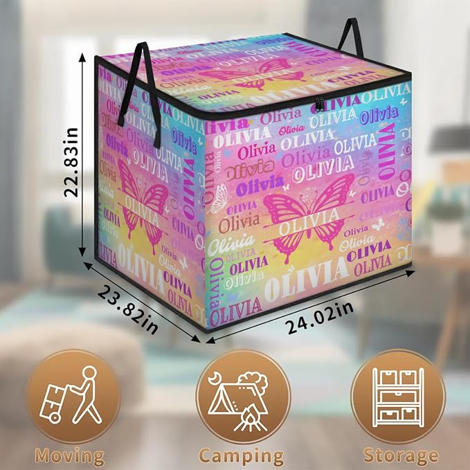 Personalized Name Large Storage Basket with Lid, Canvas Butterfly Storage Bins Quilt Clothes Organizer for Bedroom, Kitchen, Bathroom, Nursery, Shelves, Closets, Watercolor Painted Rainbow Colorful