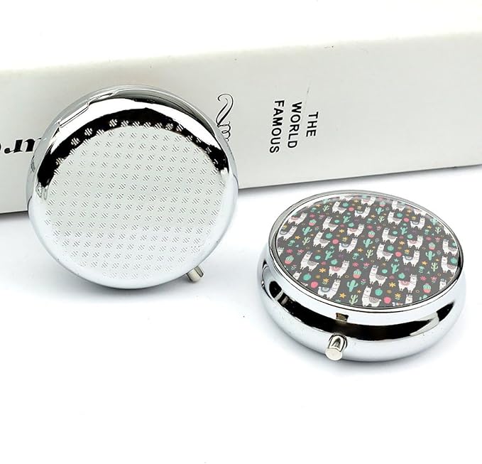 Round Portable 3 Compartment Pill Case Cartoon Llama Alpaca, Metal Pill Holder for Outdoor Travel Picnic Medication