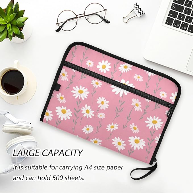 13 Pocket Zipper Expanding File Folder A4 Daisy Flower Pink Print | Accordion File Organizer with Front Pouch A4 Letter Size Portable Folders for Documents Receipt School Office Supplies