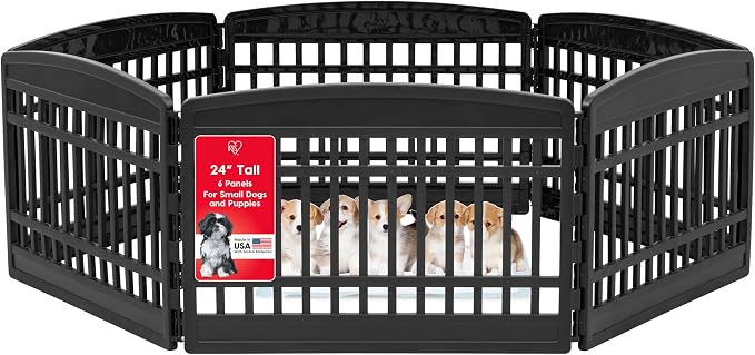 IRIS USA 6-Panel Dog Playpen, Pet Enclosure, Black | Safe Play Zone, Flexible Boundary, Configurable Layout, Custom Pen Configuration, Secure Door Latch, Tool-Free Assembly