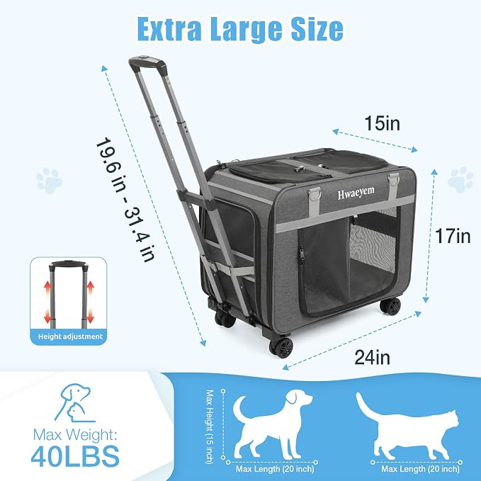 Extra Large Cat Carrier for 2 Cats with Wheels, Rolling Dual-Compartment Cat Car Travel Carrier, Portable Dog Cat Crate for Large Cat for Long Trips, Support up to 40 Lbs, 24" X 15" X 17"