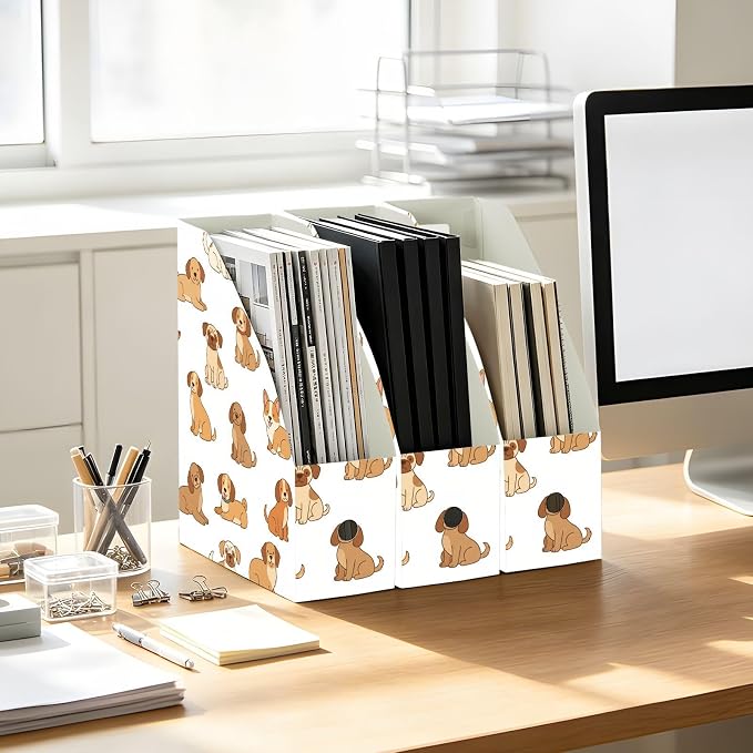 Emelivor Pets Dogs White Print Magazine Holder Set of 3 Desk File Organizer Foldable Vertical Folder Holder with Labels for Office Organization File Box for Home and Classroom