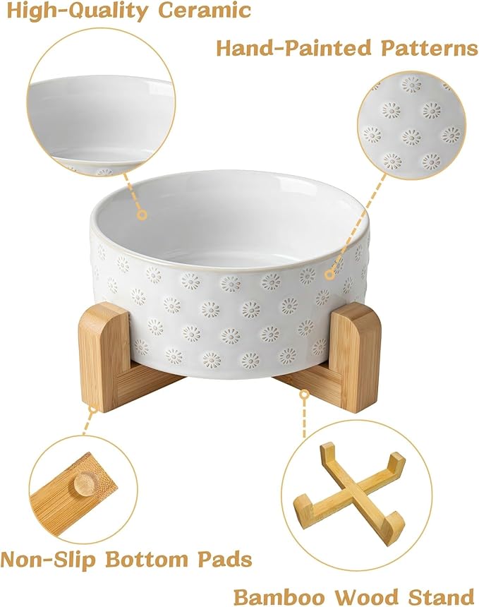 TRUVIC Ceramic Dog Bowl with Wood Stand, Jun Blanc Daisy Relief Dog Food and Water Bowl, 2 Cup/14 oz Puppy Food Bowl for Medium Dogs, Dishwasher Safe, Modern Geometric, Daisy