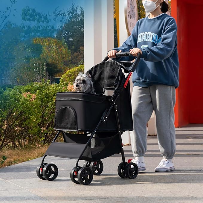 Folding Dog Carrier, 4 Wheels Pet Carrier for Small/Medium Dogs and Cats,with Multifunctional Cup Holder and Storage Basket,Portable Cat Carrier or Dog Crate for Travel Gear,Large Space (Pink)