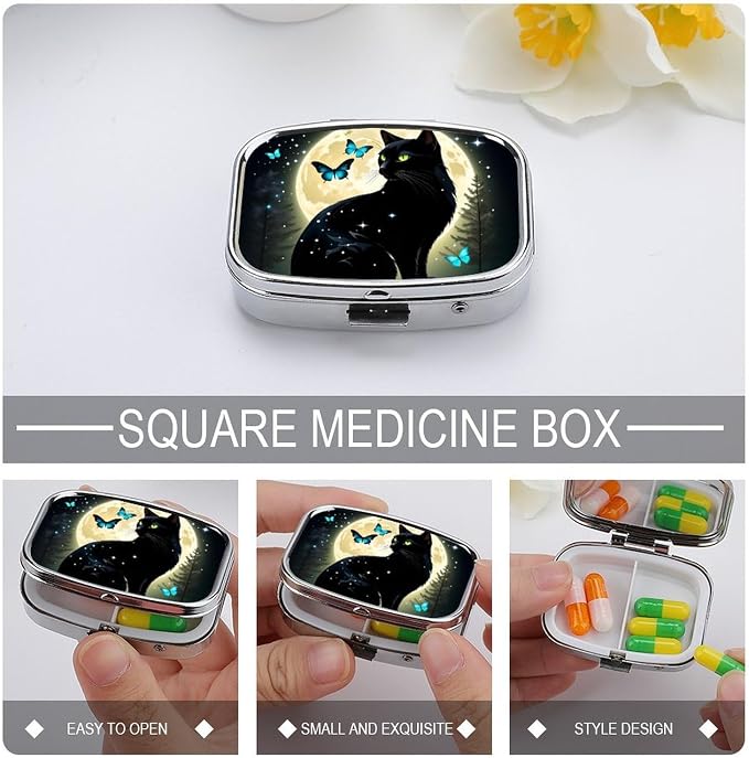 Black Cat and Butterfly Durable Metal Pill Case for Daily Use, 2 Slot Medicine Box Organizer,Leak Proof Travel Pill Container for Vitamins, Compact Pocket Medicine Holder for Seniors,Holiday Gift