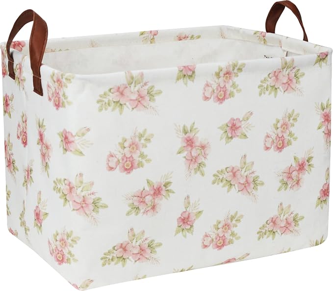 NTAOHAMPER Rectangular Pink Flower Basket for Girls, Storage Bin with Handles, Room Decor, Gift Basket(Pink Flower)