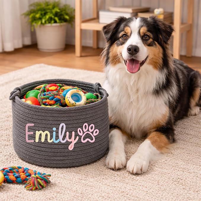 Personalized Dog & Cat Toys Bin with Name Custom Toy Storage Basket for Puppy Kitten Pet Supplies Organizer with Handmade Cotton Rope Name Gifts Basket for Pet Birthday Christmas