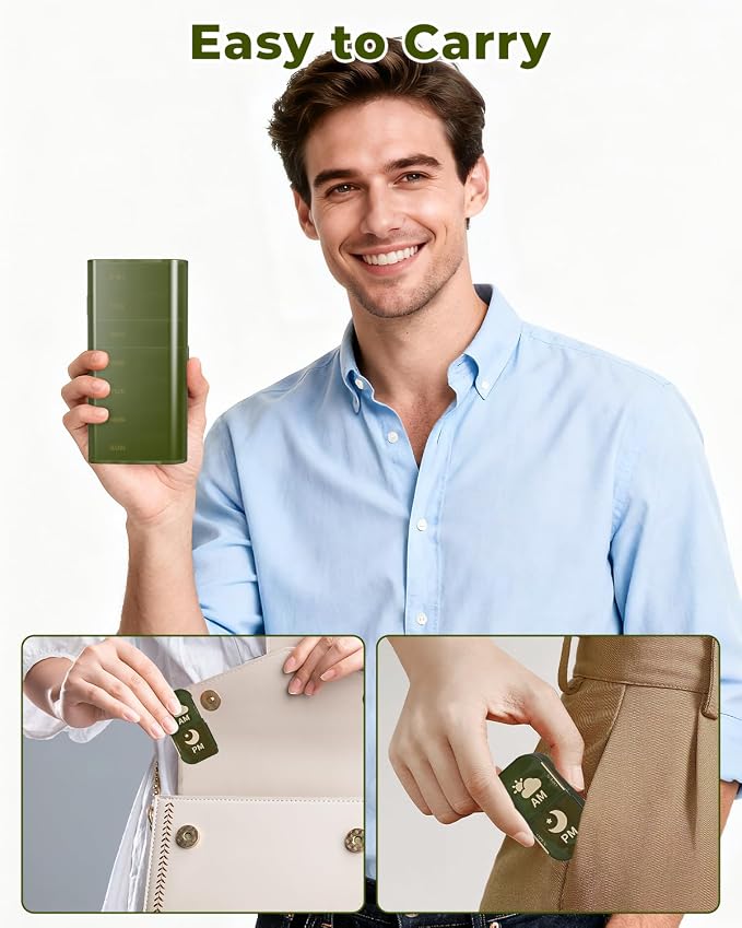 Weekly Pill Organizer 2 Times a Day, 7 Day AM PM Pill Box for Travel | Portable Medication Dispenser with Child-Resistant Latch, BPA-Free, Travel, Office, Pets, Emergency Use (Green)