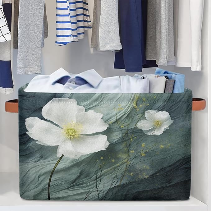 White Floral Flower Rectangular Storage Bin Collapsible Storage Basket Organizer Boxes with Leather Handle Storage Cube for Shelves Toy Laundry Nursery 2 PC