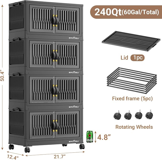 BROVIEW 240Qt Stackable Storage Bins with Lid for Home Dorm, 4Pack Black | Closet Organizers, Foldable & Collapsible Cabinets, Large Containers, Wheels & Magnetic Doors, Plastic Drawers for School