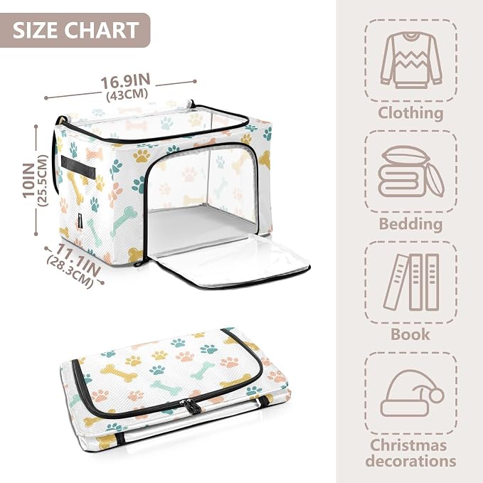 Pet Paw White print Under Bed Storage Containers with Double Zipper Openings, Foldable Clothes Storage Bins with Clear Window and Handles for Comforters Bedding Blankets