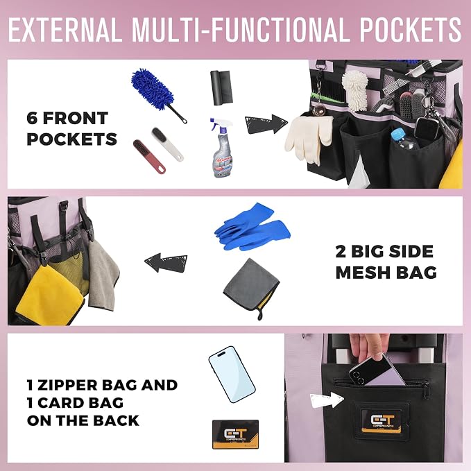 SCAVATA Rolling Cleaning Caddy Bag with Detachable Trolley, Large Cleaning Supplies Organizer with Wheels, Multi-Pocket Cleaning Cart with Adjustable Shoulder Strap for Housekeepers (Lilac)