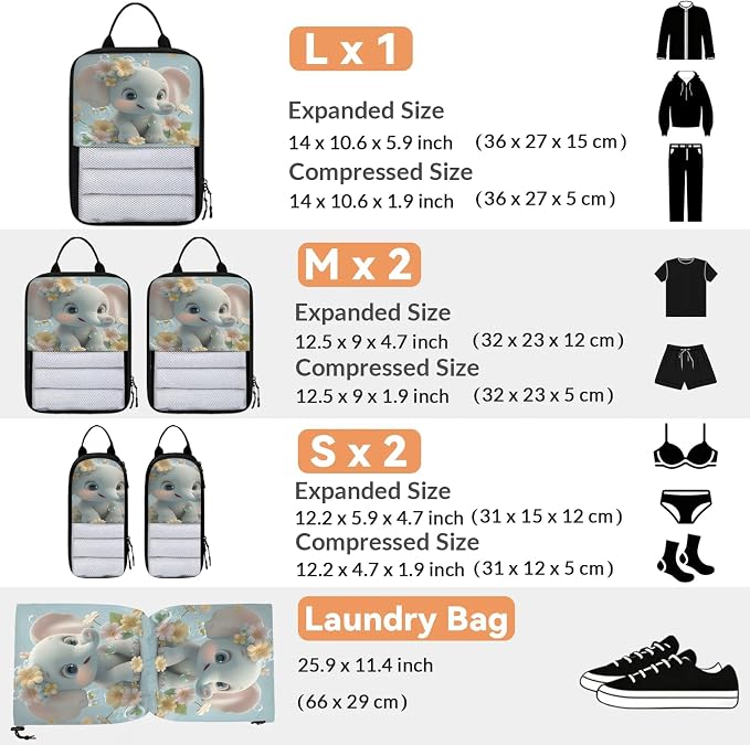 Cute 6 Set Compression Packing Cubes Elephant Expandable Packing Organizer for Travel Accessories Luggage Suitcase Bag