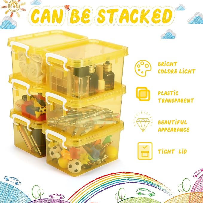 6 Pack Colorful Plastic Storage Bins with Lids 4 Quart Small Storage Latch Box Stackable and Nestable Clear Organizer Bins with Latching Handle and Buckle for Organizing(Yellow)
