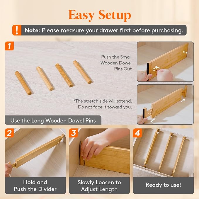 Lifewit 4" High Dresser Drawer Dividers, Adjustable Bamboo Drawer Organizer | 5 Pack 17"-21.5" Expandable Drawer Separator for Clothes, Utensils, Kitchen, Cabinet, Closet, Nursery Organization & Storage