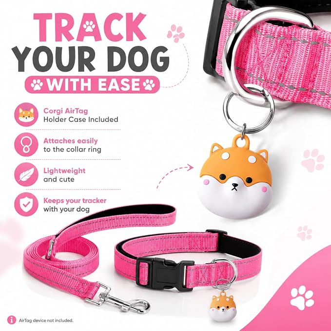 Reflective Soft Neoprene Padded Matching Dog Collar with Leash Airtag Holder Case Set Safety Breathable Adjustable Nylon Dog Collars for X-Small Small Medium Large Dogs-Pink-L