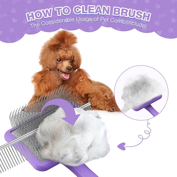 Large Dog Slicker Brush for Goldendoodles, Poodles - 3 in 1 Grooming Kit with Undercoat Rake, Comb - Extra Long Pins for Dematting Great Pyrenees, Thick Coats, Shedding, Detangling, Purple