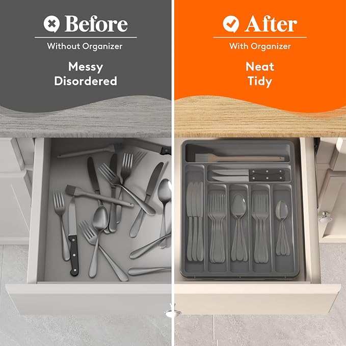 Lifewit Silverware Organizer with Lid, Covered Utensil Tray, 11.3x14.4 | Plastic Cutlery Storage Box for Kitchen Drawer and Countertop, Flatware Case Holder for Spoons Forks Knives, Gray