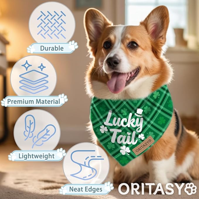 St. Patrick's Day Dog Bandanas, 2-Pack Triangle Reversible Gnomes Pet Scarves, Premium Fabric, Bandana for All Boys Girls Dogs (Lucky Charm, One Size)