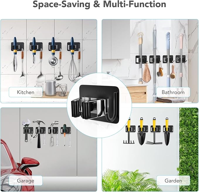 homeasy Broom Holder Wall Mount 4Pcs, Self Adhesive Mop Broom Hanger | Self adhesive stainless steel broom organizer with 4 hooks, holds mops, brooms and garden tools without drilling