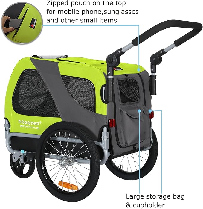 DOGGYHUT® Premium M Pet Bike Trailer & Stroller Up to 50 lbs (Lime Green) | Bicycle Trailer for Small or Medium Dogs, Dog Bicycle Carrier, Low Center of Gravity, Folding Frame Cart