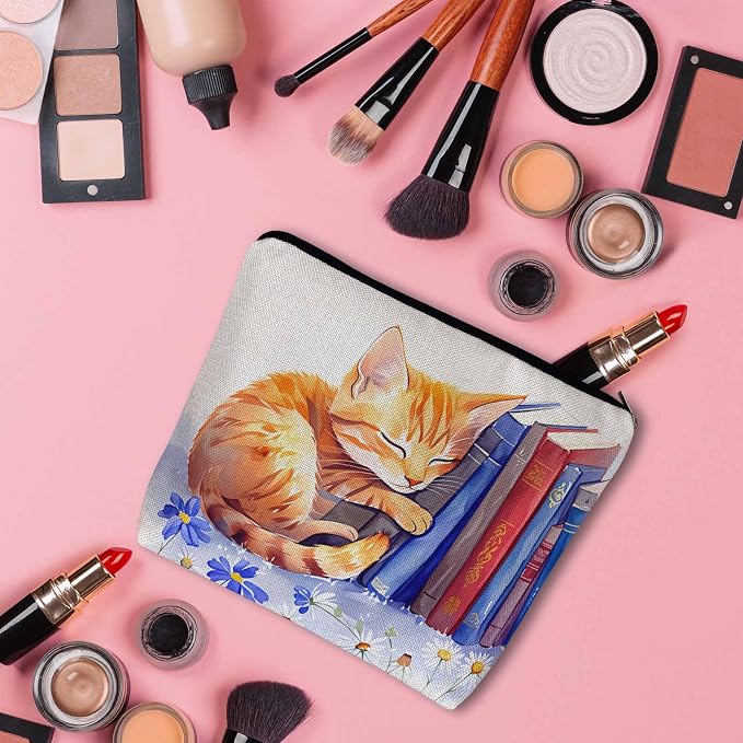 Cat Cosmetic Travel Bag For Toiletries, Funny Cat Kitten Sleep Floral Library Bookshelf Makeup Bag Toiletry Bags For Women, Flax Cosmetic Bags Make Up Bag Purse Toiletries Bag Birthday Gift