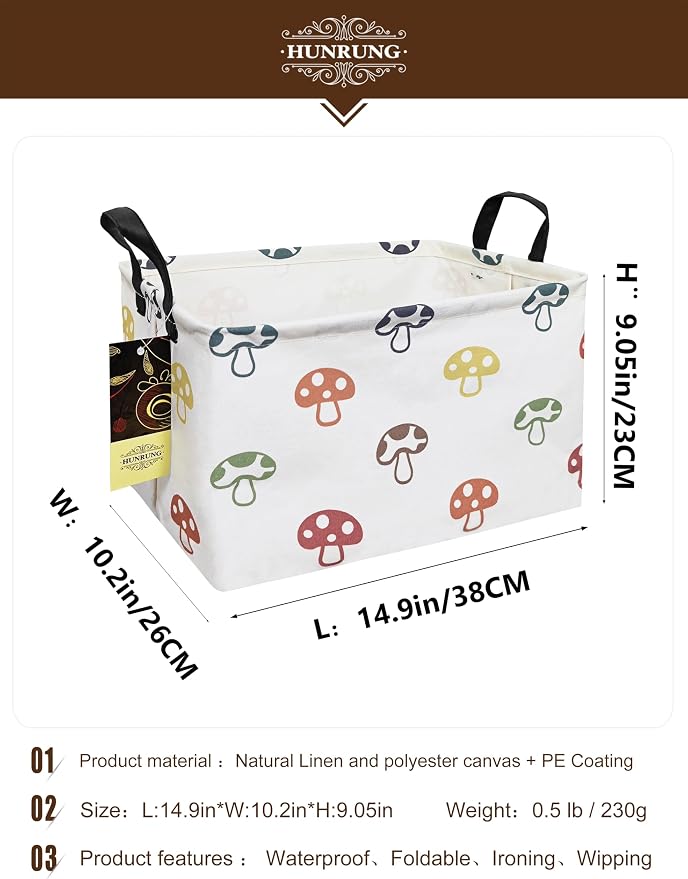 Rectangle Canvas Foldable Storage Basket for Nursery, Color Mushroom | Portable and collapsible cloth receptacle. Stores pet essentials, daily use items. Folds flat when not in use