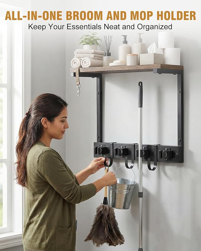 Supforce Small Broom Holder Wall Mount with Shelf, 4 Slots 3 Hooks | Black, 2-In-1 Wall Mount Stores Brooms/Mops, Cleaning Supplies With 4 Grippers/3 Hooks And A Sturdy Wooden Top Shelf