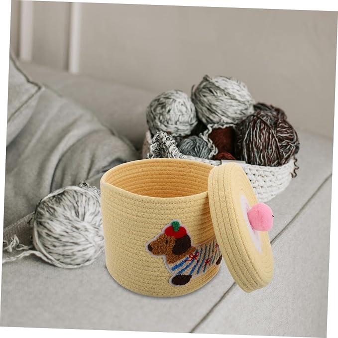 Cute Dog Storage Basket with Lid Woven Cotton Rope Organizer for Car Nursery and Pet Toys Generous Capacity Dust Protection Adorable Design Yellow Dachshund