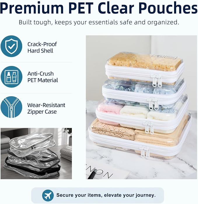 4 Sizes Clear Hard Shell Zipper Case, TSA Accepted Travel Bags | Clear Organizer Bags for Toiletries, Splash-proof Toiletry Containers, Clear Zipper Pouches, Organizer Bags for Toiletries