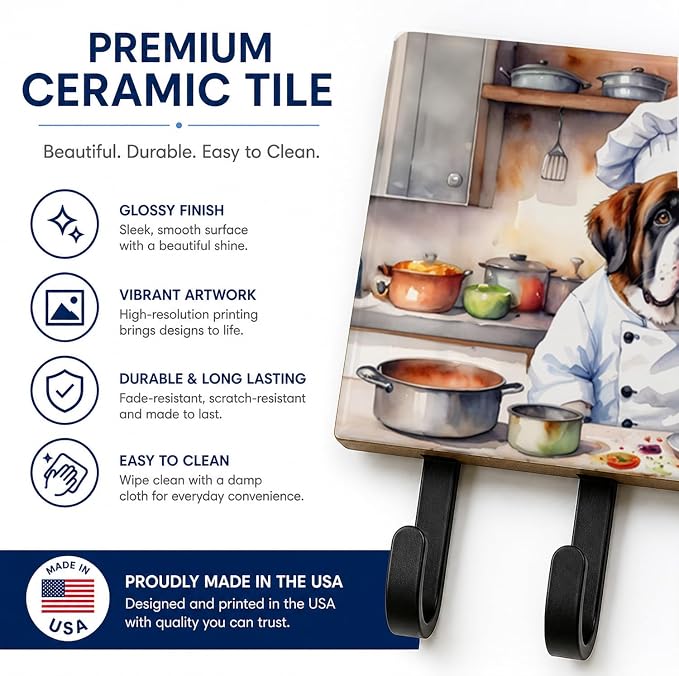 Caroline's Treasures Saint Bernard The Chef Leash or Key Holder Wall Hooks, Key Hooks Holder, Coat Rack Wall Mount, Coat Hooks, Hooks for Hanging Keys, Towels, Aprons, Leashes | Saint Bernard The Chef artwork on ceramic tile with three steel hooks for ...