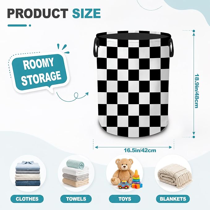 Laundry Hamper,Black White Checkerboard Collapsible Laundry Basket with Handles,Checkered Waterproof Oxford Cloth Clothes Organizer for Bedroom Bathroom Dorm Nursery,16 x 20 Inch
