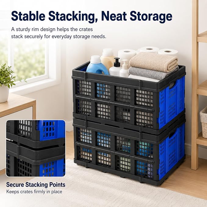49L Collapsible Storage Crates, Stackable, Blue, 2 Pack | Heavy-duty foldable utility bins for trunks, garages, groceries, camping and moving; fold flat to 2.6 in.