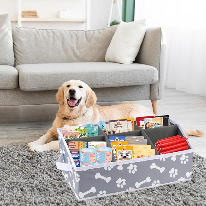 Collapsible Fabric Storage Box for Pet Treats with Dividers - Dog Treat Container Bin - Bone Paw Print
