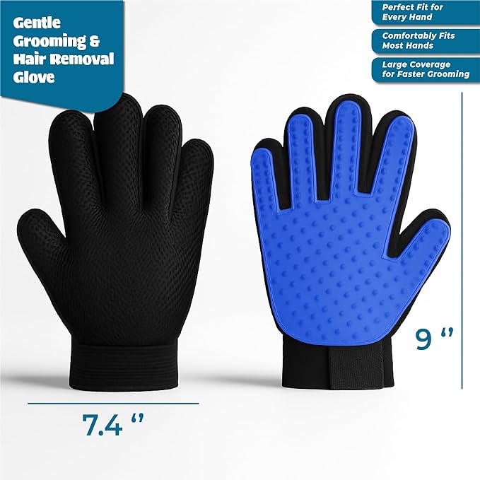 Pet Grooming Gloves – Efficient Dog & Cat Grooming Gloves 2-in-1 Deshedding Glove & Massage Mitt for Bathing, Washing & Shedding, Safe for Short/Long Hair – 2pcs (Blue)