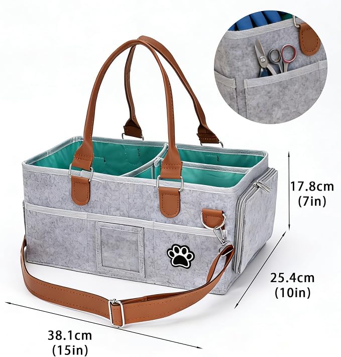 Felt Dog Grooming Bag, Pet Portable Tote Bag with Handle, Dogs Storage Organizer, 3 Compartments Caddy with 8 Pockets, Ideal for Dog Cat Grooming Tool Kit/Diaper/Blanket/Pads-Gray