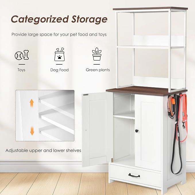 ZMAD Dog Feeding Station with Storage Cabinet and Double Door Locker with 2 Adjustable Dog Bowls, Hidden Pet Feeder Station Wood, Cat Food Storage Cabinet (3)