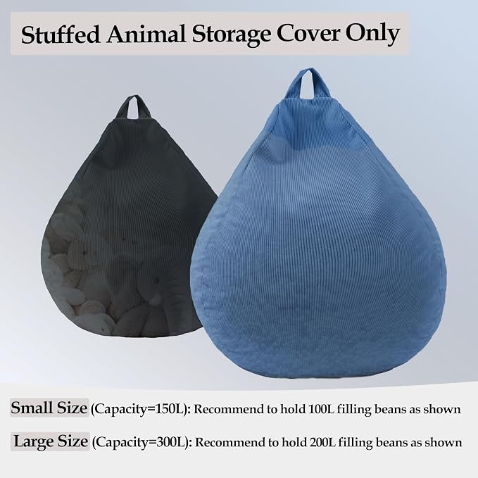 LPMOERA Stuffed Animal Storage Soft Bean Bag Chair Cover No Filler Blue | Skin-Friendly,Portable,Wide Easy-Load Opening,Hidden Zipper,Decorative Organizer