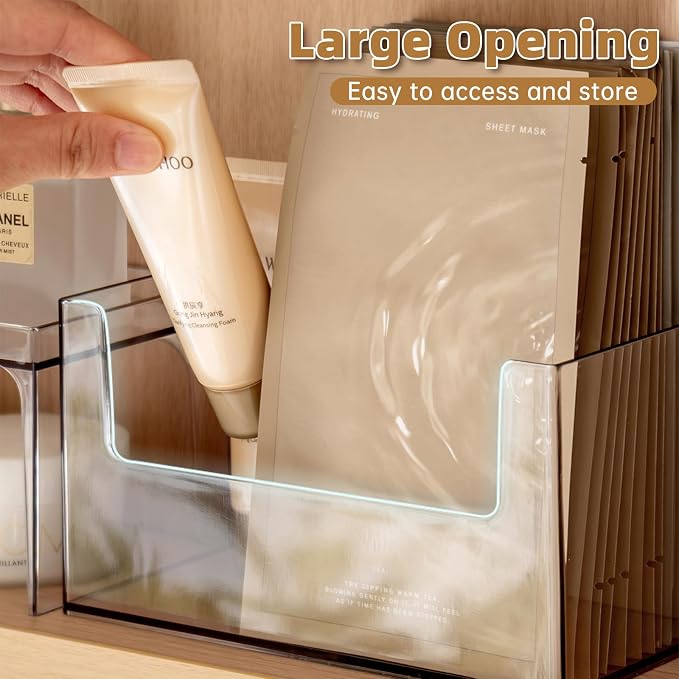 PAVSTINE 2 Pack Clear Medicine Cabinet Organizer, Slim Open Face Mask Storage Box for Sheet Masks and Skincare, Space-Saving Makeup Holder for Bathroom, Vanity, Countertop