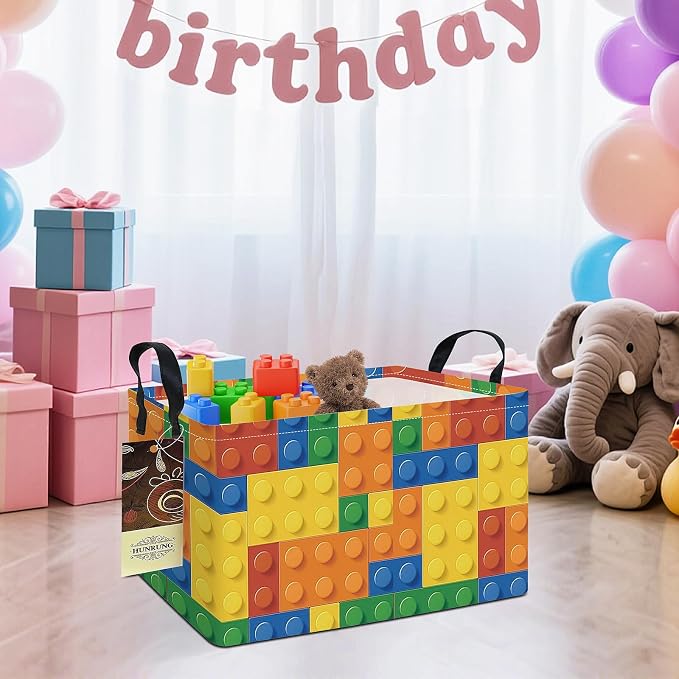 Rectangle Foldable Storage Basket Handles For Home, Colorful Blocks | Waterproof canvas material, reinforced handles, perfect for shelf use, organizes clothes, daily items and pet supplies